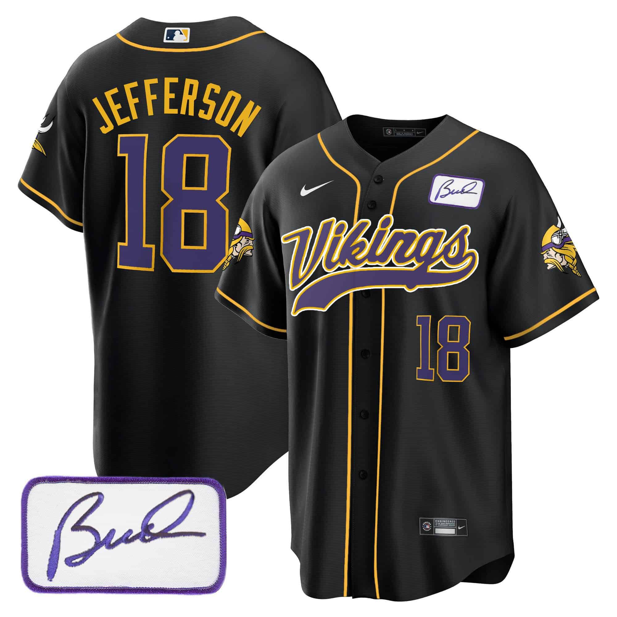 Men Minnesota Vikings 18 Jefferson Black 2024 Nike Bud Grant Patch Classic Baseball NFL Jersey